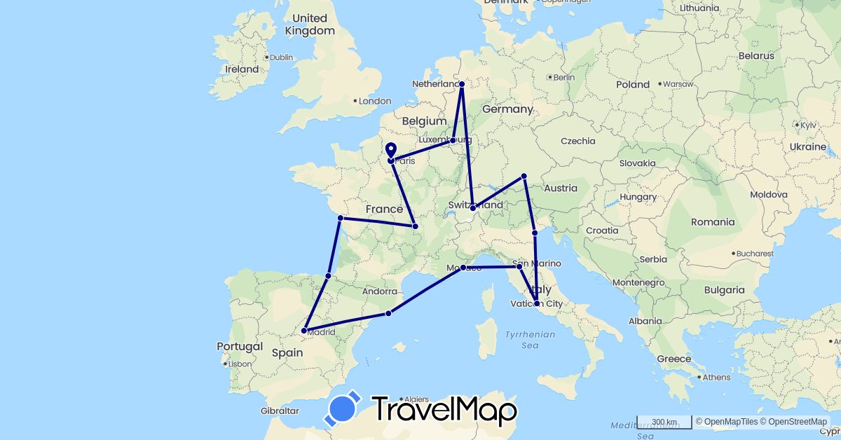 TravelMap itinerary: driving in Switzerland, Germany, Spain, France, Italy (Europe)